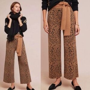 Anthropologie MOTH Leopard Print Wide Leg Wool Blend Knit Crop Pants Tan Sz XS